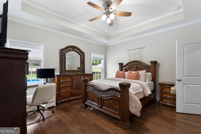 521 Peeples Valley Rd NW, Cartersville, GA 30121 - bedroom featuring a tray ceiling, dark wood-type flooring, ornamental molding, an office area, and a ceiling fan