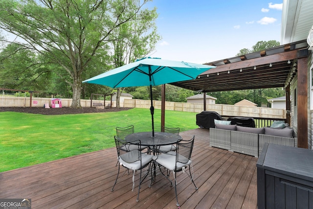 521 Peeples Valley Rd NW, Cartersville, GA 30121 - deck featuring an outdoor living space, outdoor dining space, a fenced backyard, and area for grilling