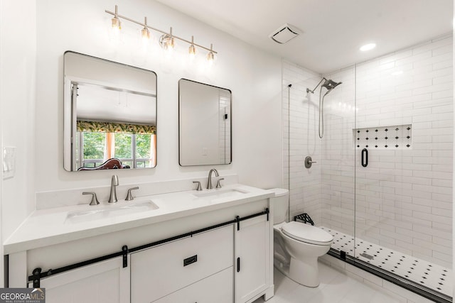 4290 Inverness Ct NE, Roswell, GA 30075 - full bathroom featuring a shower stall, double vanity, and recessed lighting