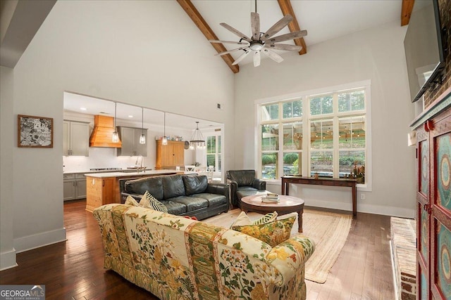 1069 Dean Hill Rd, Monroe, GA 30655 - living area with high vaulted ceiling, ceiling fan, beam ceiling, dark wood-style flooring, and baseboards