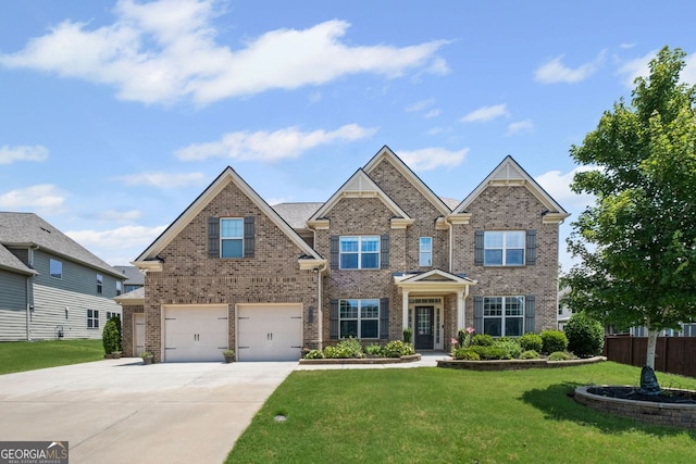745 Newfield Ln, Alpharetta, GA 30004 - view of front of house with concrete driveway, brick siding, an attached garage, and a front lawn