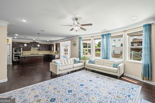 745 Newfield Ln, Alpharetta, GA 30004 - living room featuring ceiling fan, dark wood-style floors, recessed lighting, and crown molding