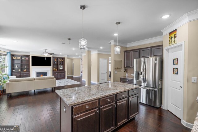 745 Newfield Ln, Alpharetta, GA 30004 - kitchen featuring stainless steel fridge, ceiling fan, dark brown cabinetry, ornamental molding, and dark wood-style flooring