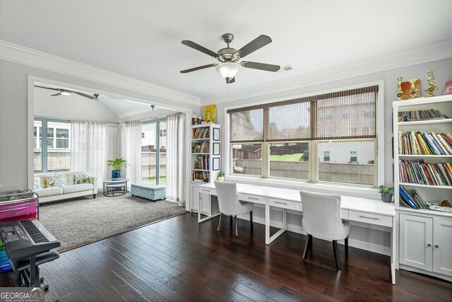 745 Newfield Ln, Alpharetta, GA 30004 - office space featuring a ceiling fan, built in desk, crown molding, and dark wood-style floors