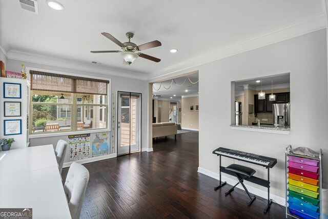 745 Newfield Ln, Alpharetta, GA 30004 - office area with ceiling fan, wood finished floors, ornamental molding, and recessed lighting