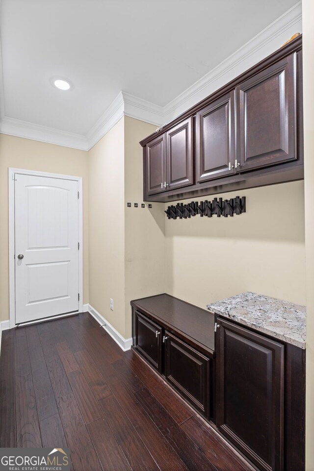 745 Newfield Ln, Alpharetta, GA 30004 - mudroom with dark wood-style floors and crown molding