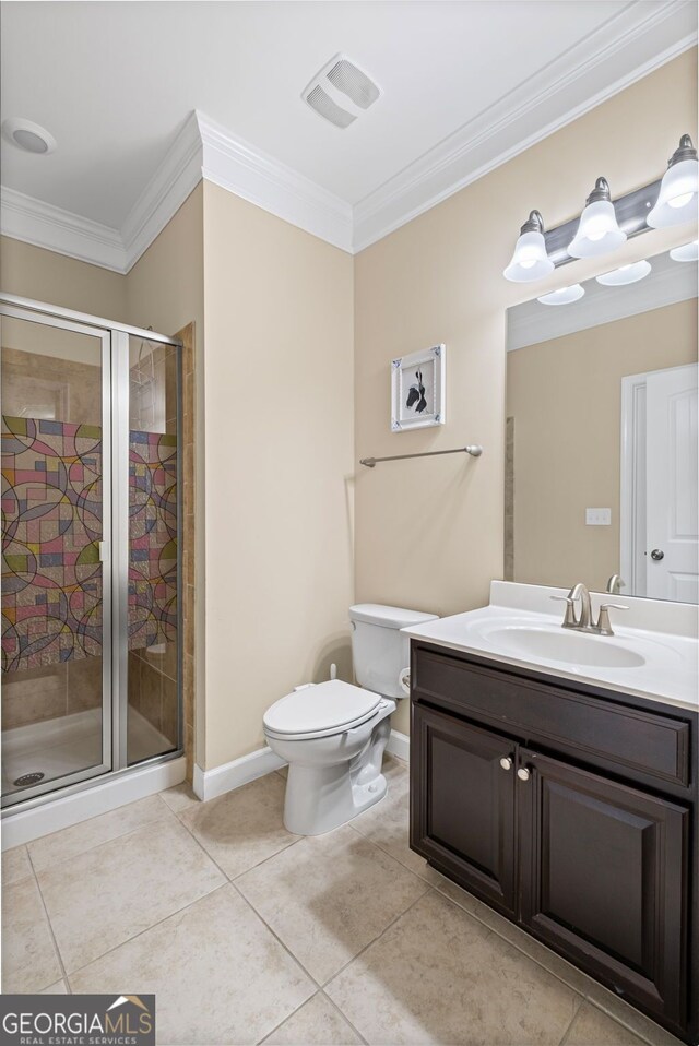 745 Newfield Ln, Alpharetta, GA 30004 - full bathroom featuring ornamental molding, vanity, a stall shower, and tile patterned floors