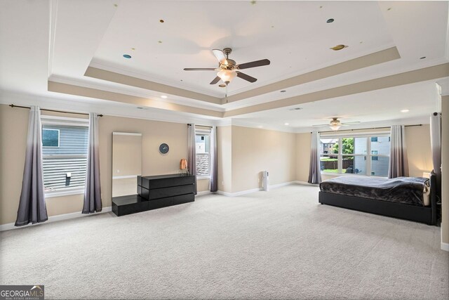 745 Newfield Ln, Alpharetta, GA 30004 - carpeted bedroom featuring a tray ceiling, ornamental molding, recessed lighting, and a ceiling fan
