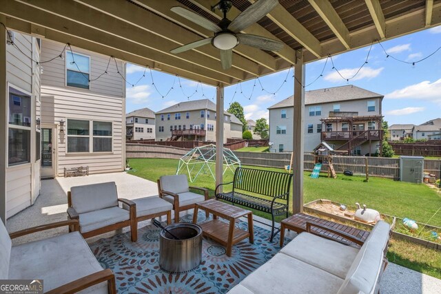 745 Newfield Ln, Alpharetta, GA 30004 - fenced backyard with a playground, a patio area, outdoor lounge area, and a residential view