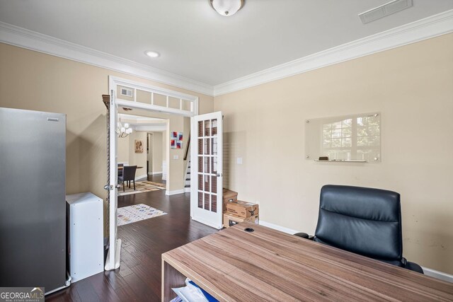 745 Newfield Ln, Alpharetta, GA 30004 - home office with ornamental molding, wood finished floors, french doors, and recessed lighting