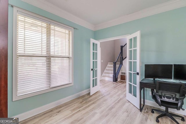 95 Jeffco Dr, Jefferson, GA 30549 - home office with french doors, crown molding, wood finished floors, and baseboards