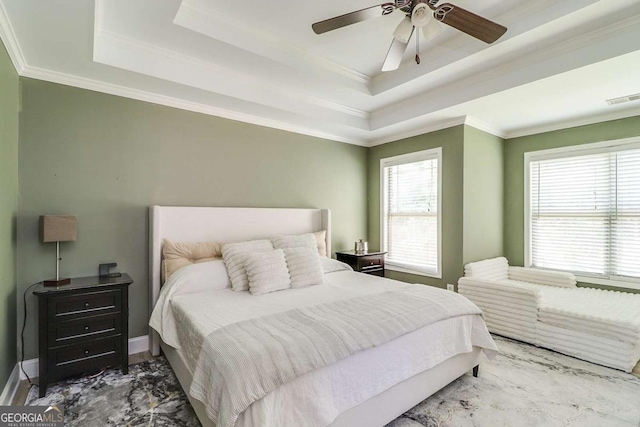95 Jeffco Dr, Jefferson, GA 30549 - bedroom featuring a tray ceiling, ornamental molding, marble finish floors, and ceiling fan