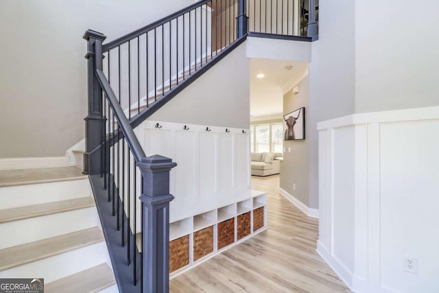95 Jeffco Dr, Jefferson, GA 30549 - stairs with a high ceiling and wood finished floors