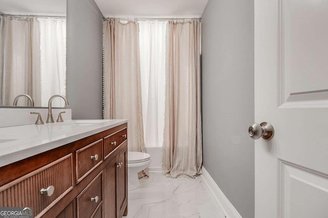 95 Jeffco Dr, Jefferson, GA 30549 - full bath with marble look tile flooring, vanity, and shower / bath combination with curtain