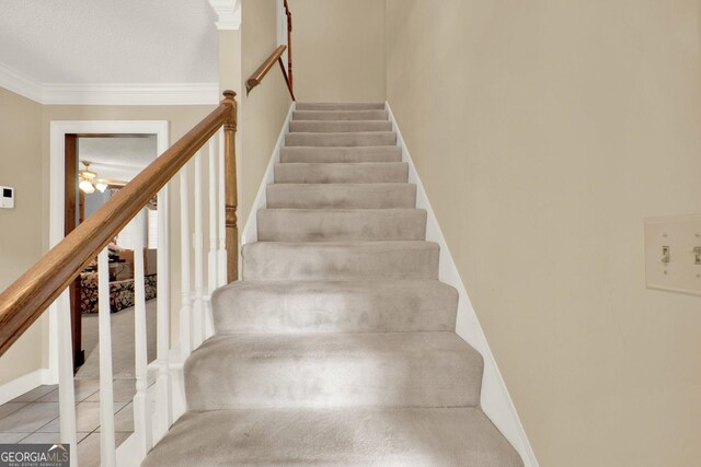 4313 Deep Springs Ct NW, Kennesaw, GA 30144 - stairway with crown molding and ceiling fan