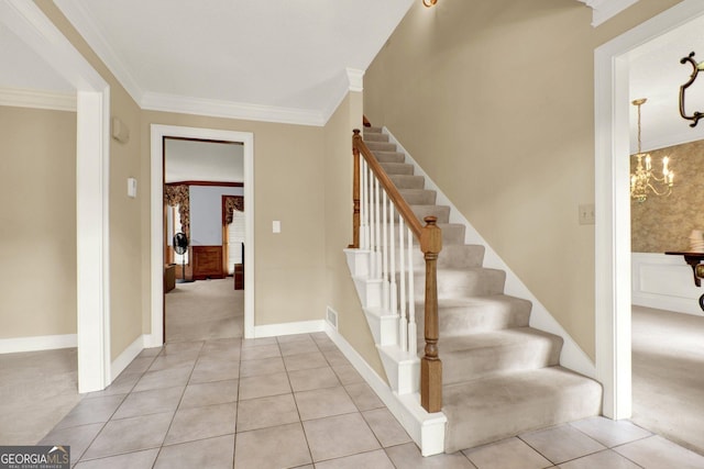 4313 Deep Springs Ct NW, Kennesaw, GA 30144 - stairway featuring crown molding, a chandelier, tile patterned floors, and carpet