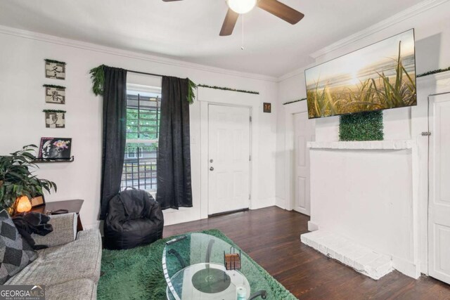 1192 Arlington Ave SW, Atlanta, GA 30310 - living area featuring a ceiling fan, ornamental molding, and dark wood-type flooring