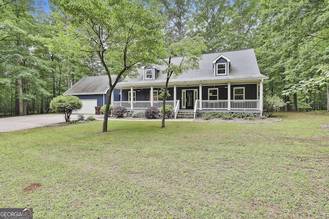 270 Carrolls Way, Fayetteville, GA 30215 - new england style home with covered porch, a front yard, driveway, an attached garage, and view of scattered trees