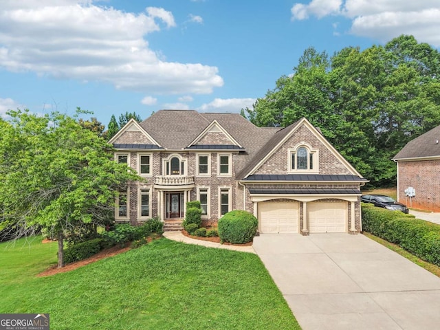 4508 Meadow Vista Trce, Lithonia, GA 30038 - view of front of house with driveway, a standing seam roof, a front lawn, and brick siding