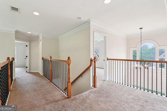 4508 Meadow Vista Trce, Lithonia, GA 30038 - corridor featuring an upstairs landing, carpet, ornamental molding, recessed lighting, and baseboards