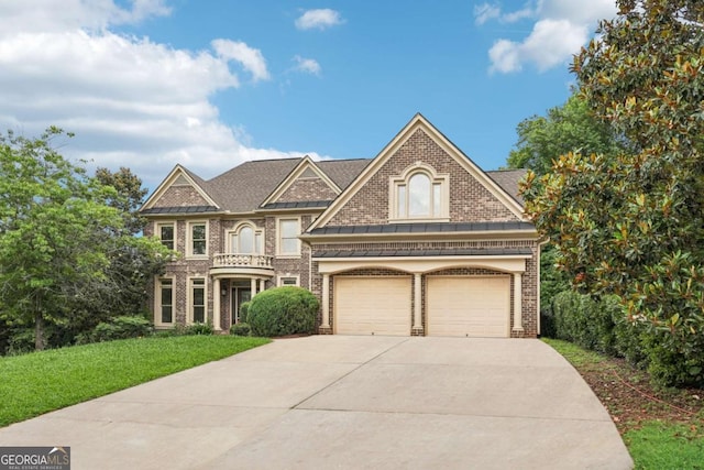 4508 Meadow Vista Trce, Lithonia, GA 30038 - view of front of home featuring a front lawn, a standing seam roof, driveway, brick siding, and metal roof