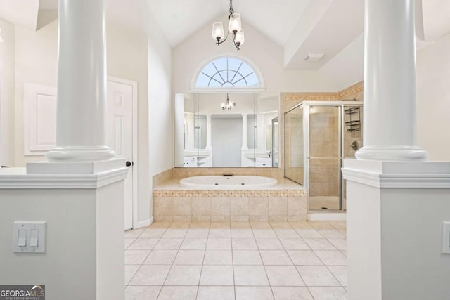 4508 Meadow Vista Trce, Lithonia, GA 30038 - bathroom featuring a bath, a stall shower, tile patterned flooring, ornate columns, and vaulted ceiling
