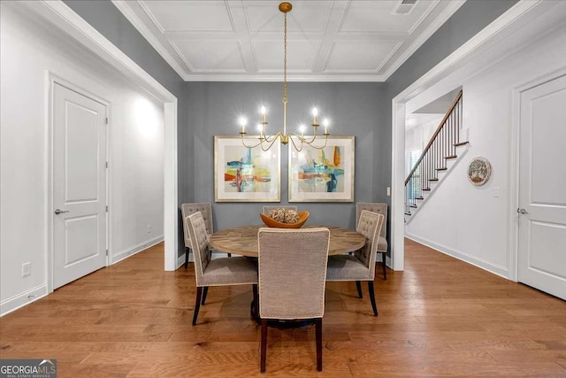 1099 Heyward Way, Alpharetta, GA 30009 - dining space featuring a chandelier, wood finished floors, stairs, and coffered ceiling