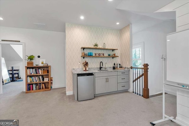 1099 Heyward Way, Alpharetta, GA 30009 - kitchen with light carpet, refrigerator, open shelves, light stone counters, and recessed lighting