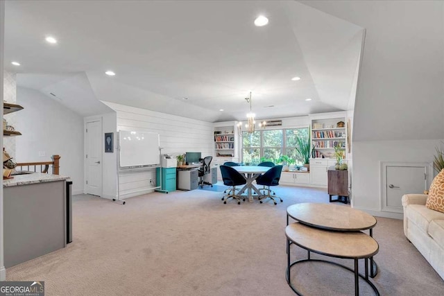 1099 Heyward Way, Alpharetta, GA 30009 - living room featuring a desk, light carpet, lofted ceiling, recessed lighting, and a chandelier