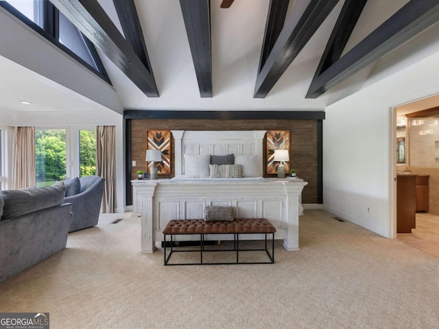 178 Rowland Pt, Morganton, GA 30560 - carpeted living area featuring beamed ceiling and high vaulted ceiling