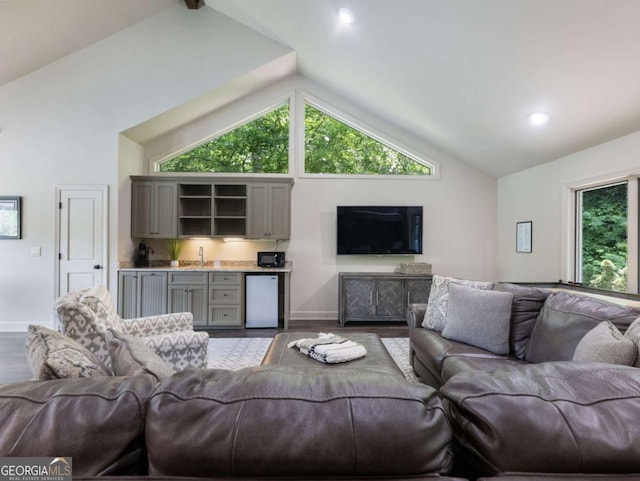 178 Rowland Pt, Morganton, GA 30560 - living area featuring wood finished floors, baseboards, high vaulted ceiling, bar area, and recessed lighting