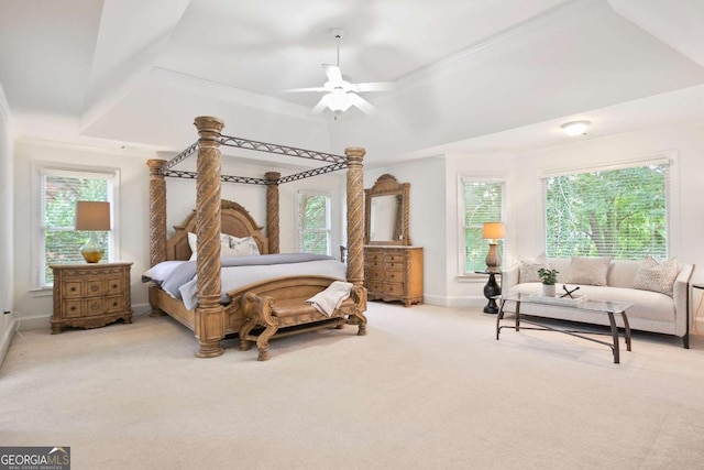 3741 Cape York Trce, Alpharetta, GA 30022 - carpeted bedroom featuring a tray ceiling, crown molding, and ceiling fan
