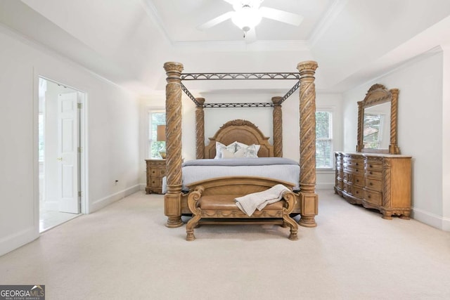3741 Cape York Trce, Alpharetta, GA 30022 - carpeted bedroom featuring ornamental molding, ensuite bathroom, and ceiling fan