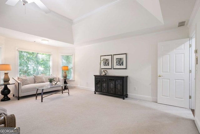 3741 Cape York Trce, Alpharetta, GA 30022 - carpeted living area with crown molding and a ceiling fan