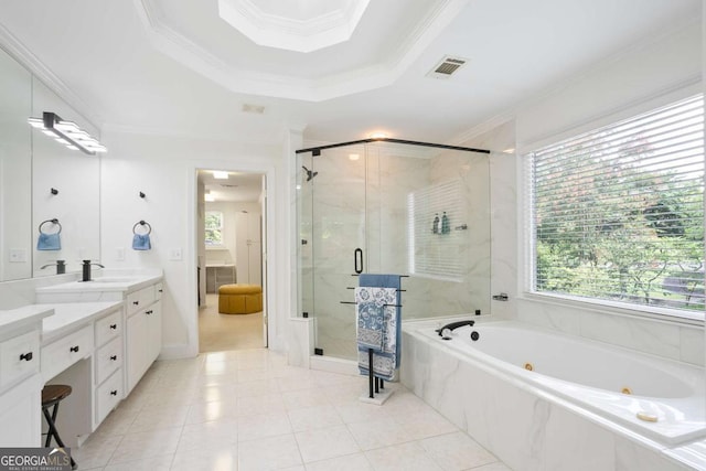 3741 Cape York Trce, Alpharetta, GA 30022 - full bath featuring a jetted tub, vanity, a shower stall, healthy amount of natural light, and ornamental molding