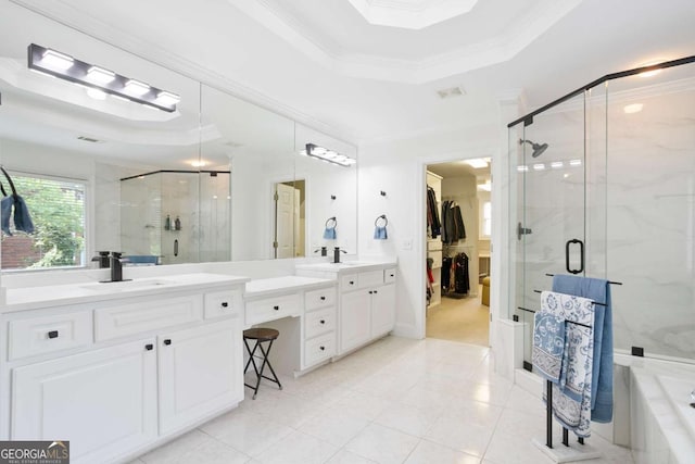 3741 Cape York Trce, Alpharetta, GA 30022 - full bath featuring ornamental molding, double vanity, a shower stall, and a raised ceiling
