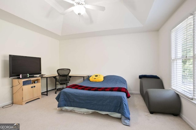 3741 Cape York Trce, Alpharetta, GA 30022 - bedroom with light carpet, a raised ceiling, and ceiling fan
