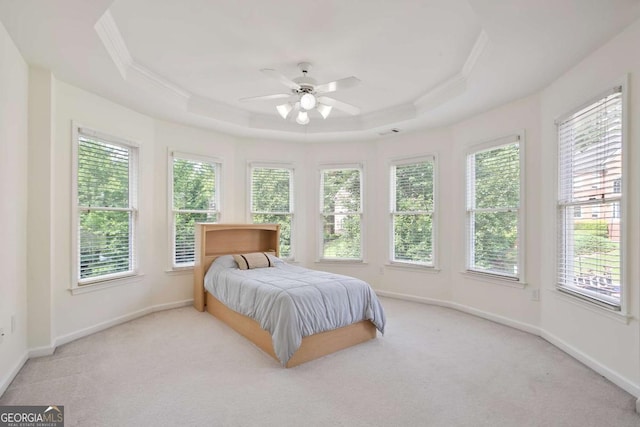 3741 Cape York Trce, Alpharetta, GA 30022 - bedroom with a tray ceiling, ornamental molding, light colored carpet, and a ceiling fan
