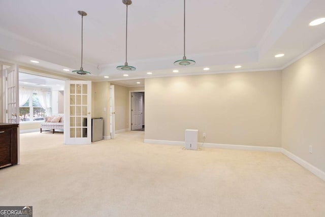3741 Cape York Trce, Alpharetta, GA 30022 - spare room with crown molding, recessed lighting, light colored carpet, a raised ceiling, and french doors