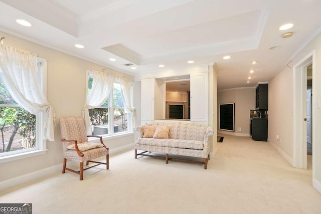 3741 Cape York Trce, Alpharetta, GA 30022 - living area featuring ornamental molding, light carpet, recessed lighting, and a raised ceiling