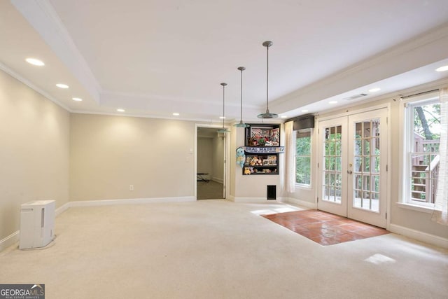 3741 Cape York Trce, Alpharetta, GA 30022 - unfurnished dining area with ornamental molding, carpet floors, french doors, recessed lighting, and a tray ceiling