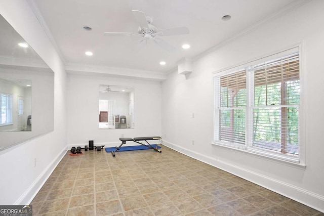 3741 Cape York Trce, Alpharetta, GA 30022 - workout area with ornamental molding, ceiling fan, and recessed lighting