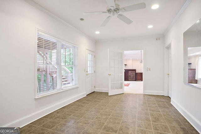 3741 Cape York Trce, Alpharetta, GA 30022 - empty room with ornamental molding, a ceiling fan, french doors, recessed lighting, and tile patterned floors