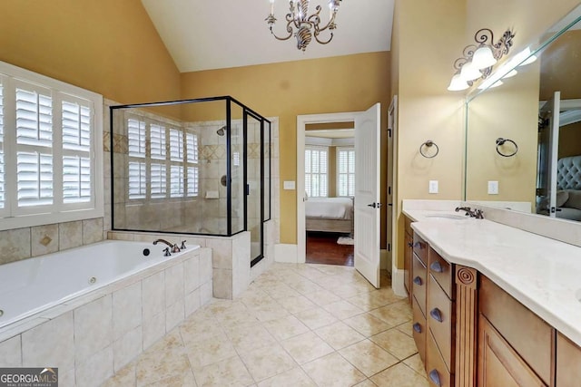 116 Archstone Sq, Mcdonough, GA 30253 - bathroom featuring ensuite bath, a chandelier, a bath, a stall shower, and vanity