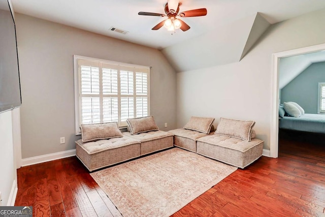 116 Archstone Sq, Mcdonough, GA 30253 - living area featuring a ceiling fan, hardwood / wood-style flooring, and vaulted ceiling