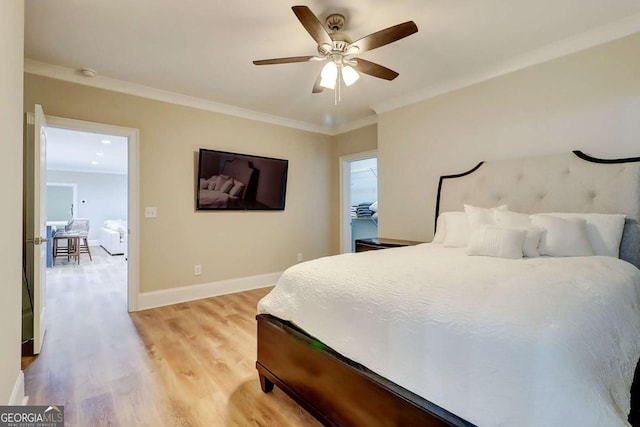 116 Archstone Sq, Mcdonough, GA 30253 - bedroom with light wood finished floors, crown molding, and a ceiling fan