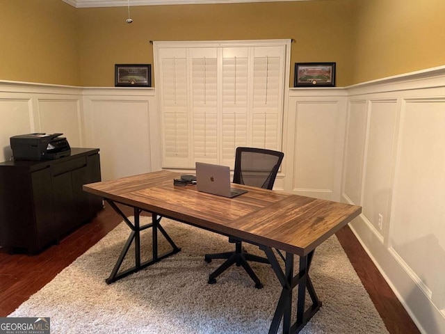 116 Archstone Sq, Mcdonough, GA 30253 - home office featuring a decorative wall, a wainscoted wall, dark wood-style flooring, and crown molding