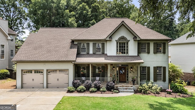 10530 Tuxford Dr, Alpharetta, GA 30022 - view of front of house featuring a porch, an attached garage, stucco siding, concrete driveway, and roof with shingles