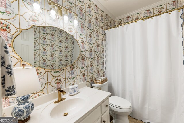 10530 Tuxford Dr, Alpharetta, GA 30022 - bathroom with wallpapered walls, crown molding, vanity, and a shower with shower curtain