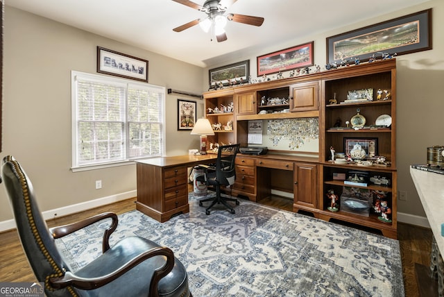 10530 Tuxford Dr, Alpharetta, GA 30022 - office space with ceiling fan, dark wood-style flooring, and built in study area